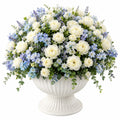 Composizione Floreale Artificiale in Vaso di Ceramica Bianco con Fiori Bianchi e Blu