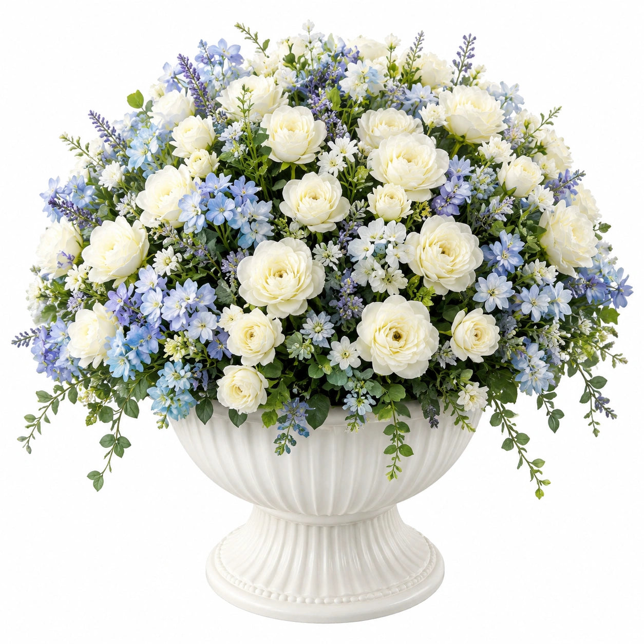 Composizione Floreale Artificiale in Vaso di Ceramica Bianco con Fiori Bianchi e Blu
