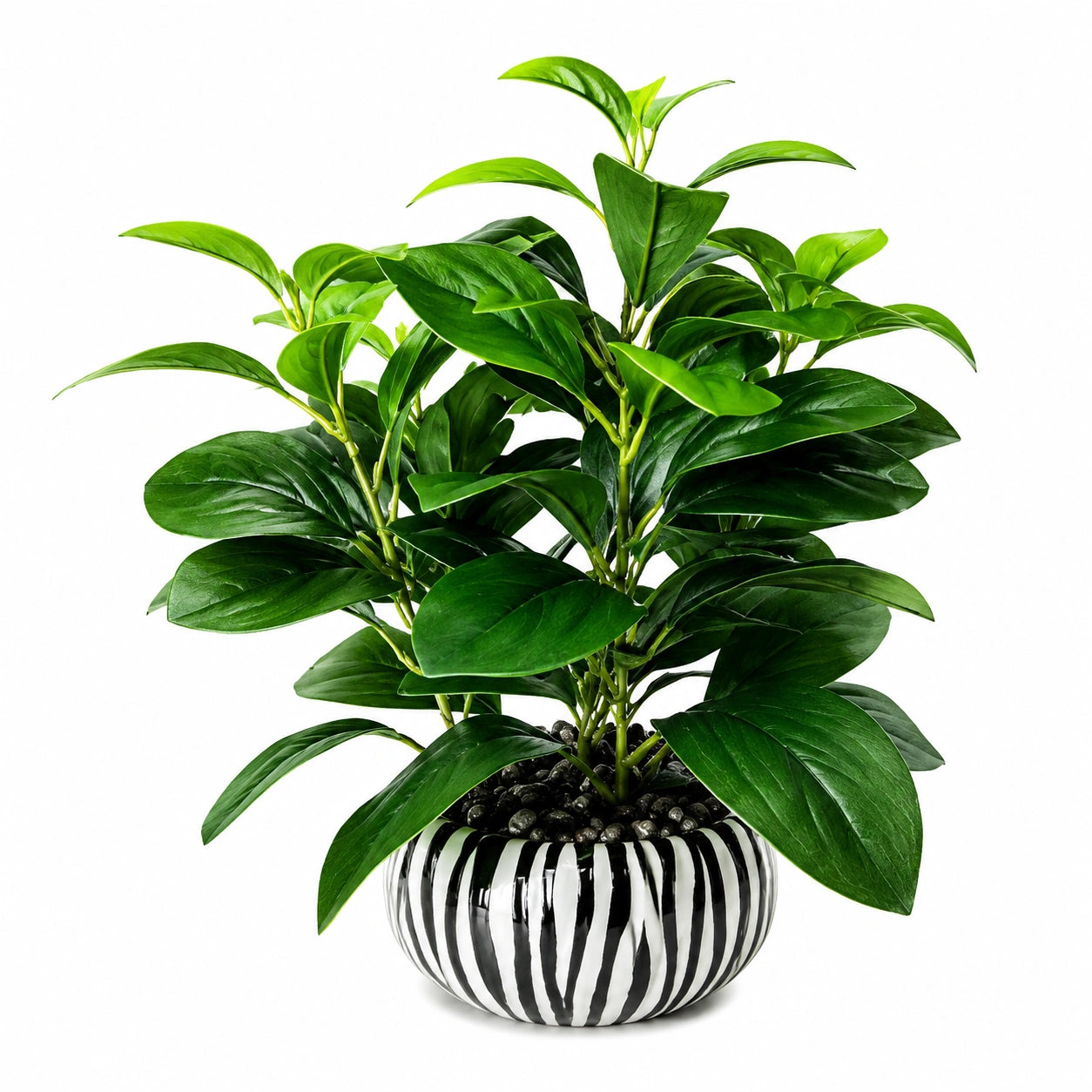Pianta Artificiale con Vaso in Ceramica a Strisce, Altezza 45 cm
